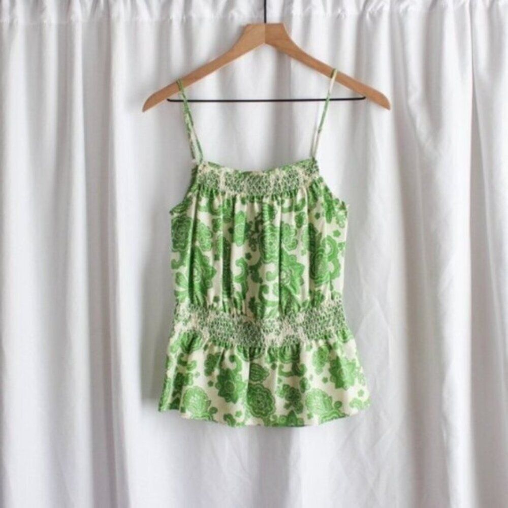 Etcetera Print Green and White Paisley 100% Silk Smocked Waist Camisole 4